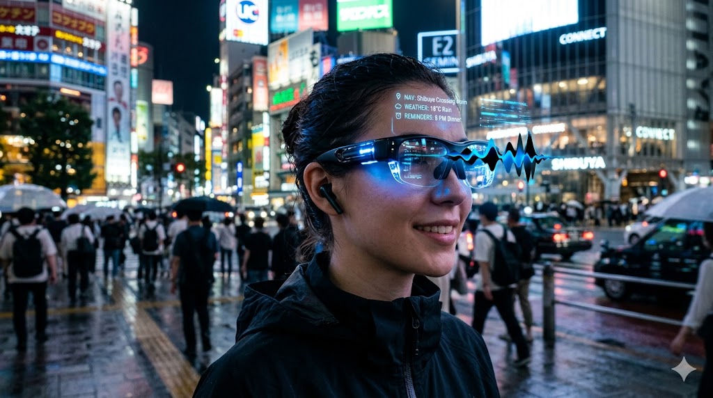 Google AI glasses with voice-powered Gemini features and futuristic smart wearable design