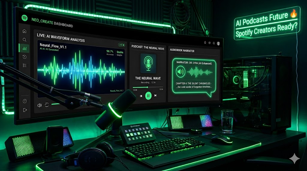 Spotify AI tools for covers, podcasts, and audiobook creation shown in a futuristic creator interface