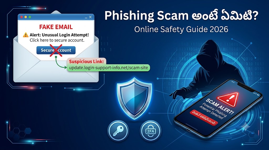 Phishing Scam Telugu Guide 2026 showing fake emails, fake links, OTP scams, and online account security