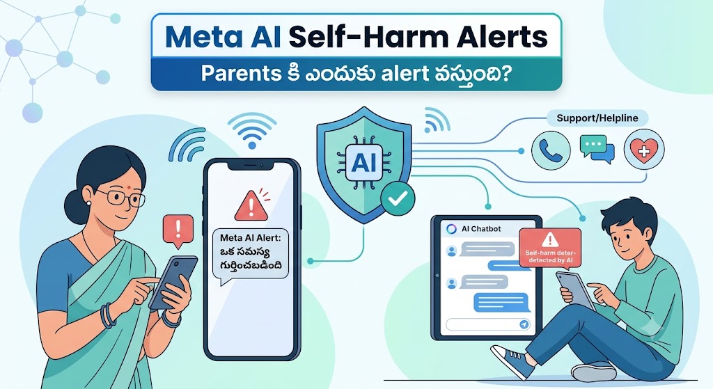 A parent receiving a safety alert on a phone about Meta AI self-harm warnings.